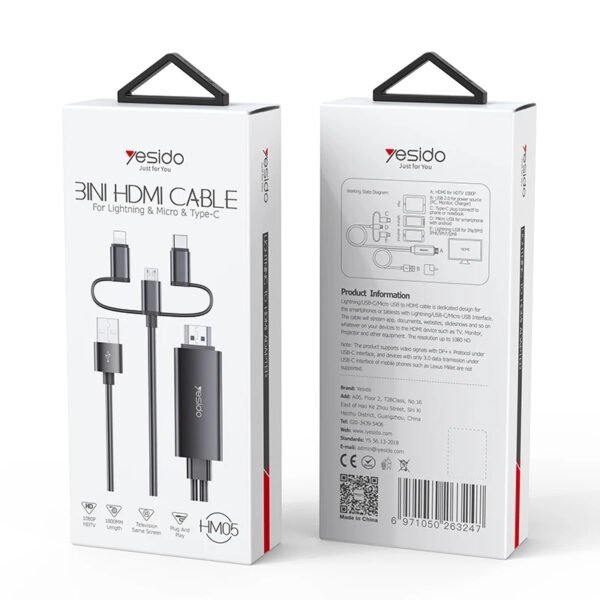 Yesido HM05 3 in 1 HDMI Cable for Lightning & Micro &  Type-C 1.8m - Image 2